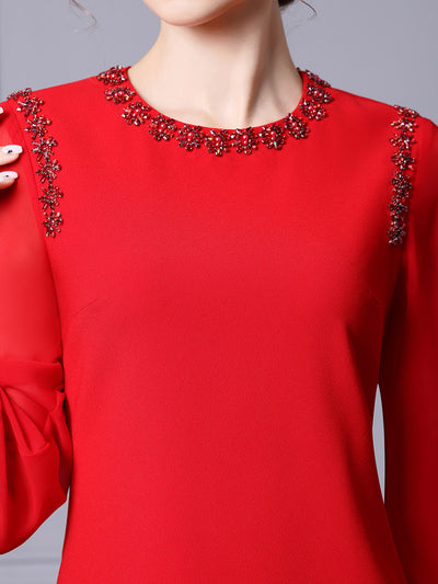 Red Long Sleeve Beading Mother Of The Bride Dress