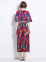 Nail Bead Printed Pleated Pearl Pleated Dress