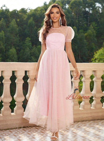 Tulle Puff Sleeve Long Party Dress
