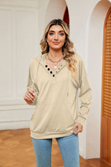 Button Drawstring Pocket Long Sleeve Top
