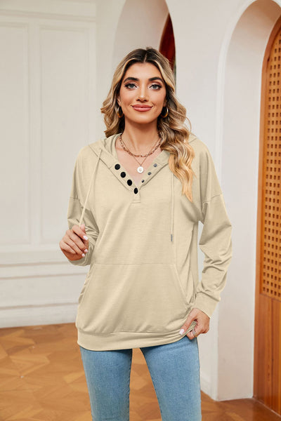 Button Drawstring Pocket Long Sleeve Top