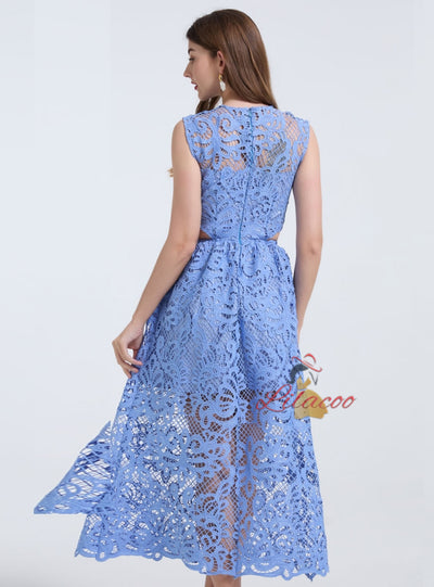 Blue Hollow Lace Sleeveless Dress
