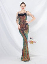 Mermaid Sequins Spaghetti Straps Beading Prom Dress