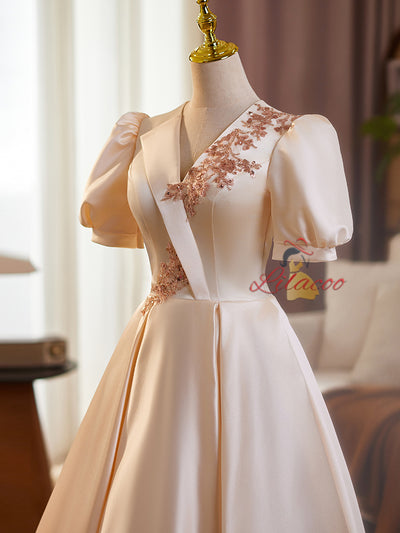 Champagne Satin Short Sleeve Backless Prom Dress