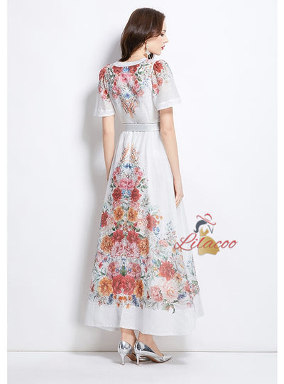 Deep V-neck Button Printed Holiday Dress