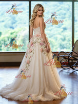 Ivory Tulle Scoop Neck Appliques Wedding Dress