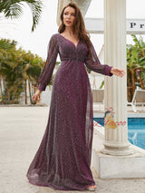 V-neck Long Sleeve Pleats Prom Dress