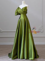 Green Satin Strapless Pleats Prom Dress