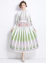 Round Neck Long Sleeve Pleated Printed Dress