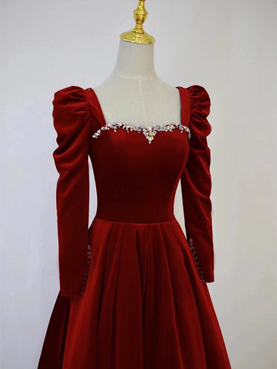 Burgundy Velvet Long Sleeve Crystal Prom Dress