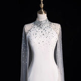 White Mermaid Tulle High Neck Crystal Wedding Dress