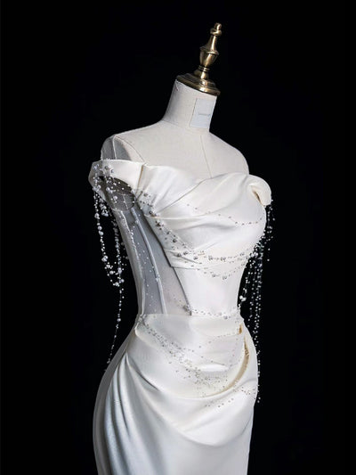 White Mermaid Satin Pleats Wedding Dress