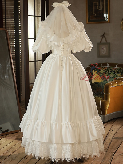 White Satin Lace Puff Sleeve Wedding Dress