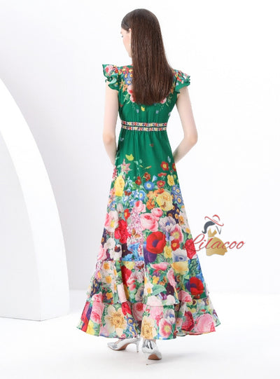 Flying Sleeve V-neck Slim Waist Printed Dress