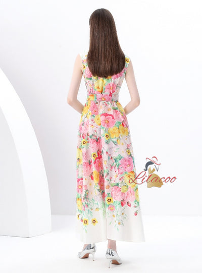 Sleeveless Floral Print Long Dress