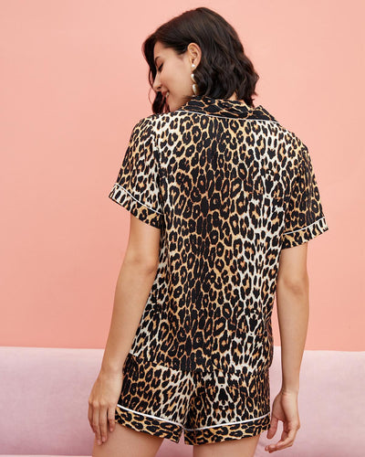 Sexy V-neck Leopard Print Short Sleeve Two-piece Suit