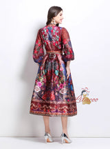 V-neck National Style Printed Satin Long Dress