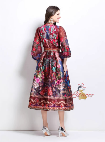 V-neck National Style Printed Satin Long Dress