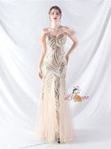 Spaghetti Straps Mermaid Sequins Tulle Prom Dress