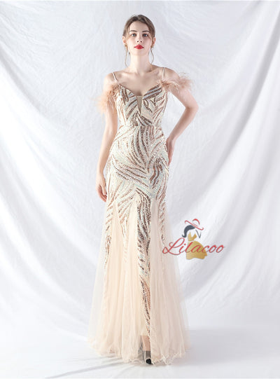 Spaghetti Straps Mermaid Sequins Tulle Prom Dress