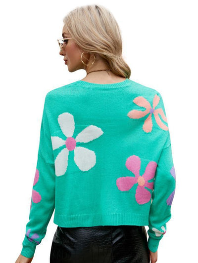 Long Sleeve Round Neck Flower Pullover Loose Sweater