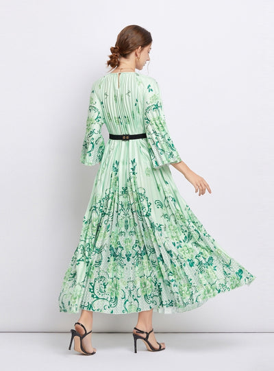 Cropped Sleeve Round Neck Printed Pleated Dress