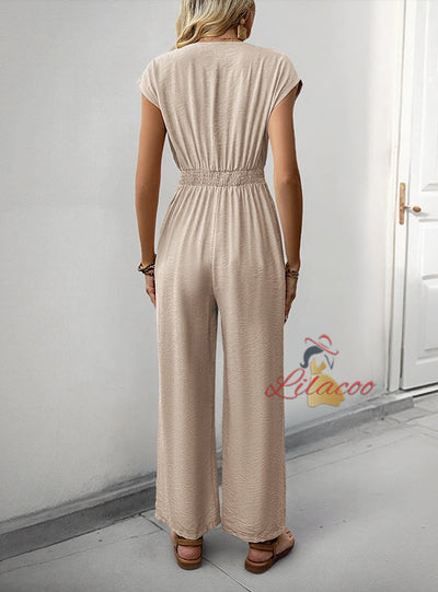 Casual V-neck Elastic High Waist Wide Leg Jumpsuit