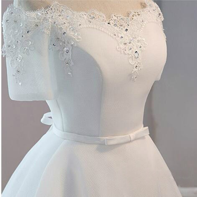 White Lace Appliques Short Sleeve Homecoming Dress