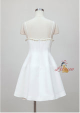 White Spaghetti Straps Pearls Prom Dress