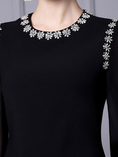 Black Long Sleeve Crystal Mother Of The Bride Dress