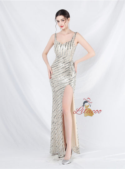 Mermaid Sequins Straps Split Prom Dress