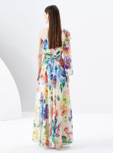 Irregular Diagonal Shoulder Chiffon Floral Dress