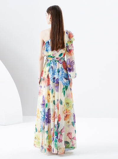 Irregular Diagonal Shoulder Chiffon Floral Dress
