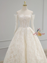 Simple White Lace Long Sleeve Off the Shoulder Wedding Dress