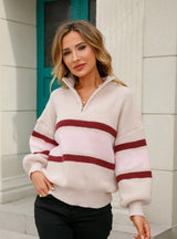 Women Zipper Lapel Sweater