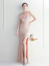 One Shoulder Mermaid Sequins Split Prom Dress
