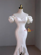 White Mermaid Hi Lo Satin Wedding Dress