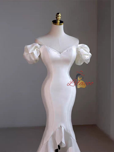 White Mermaid Hi Lo Satin Wedding Dress