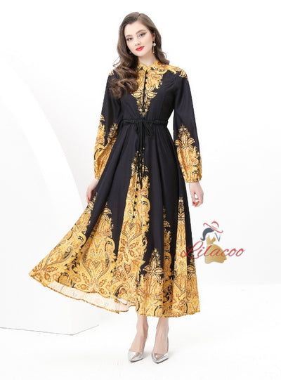 Printed Puff Sleeve Button Long Dress