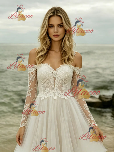 Beige White Lace Long Sleeve Wedding Dress