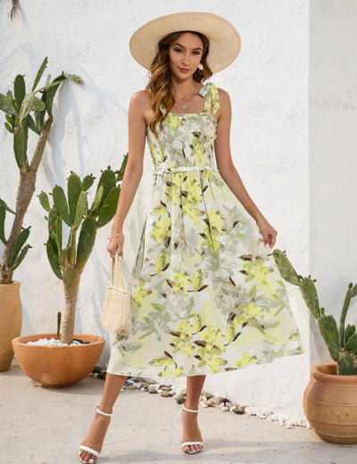 Flower Print Suspender Leisure Holiday Dress