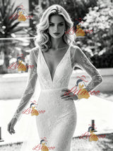 White Mermaid V-neck Long Sleeve Wedding Dress