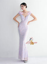 Mermaid Sequins Off the Shoulder Feather Prom Dress