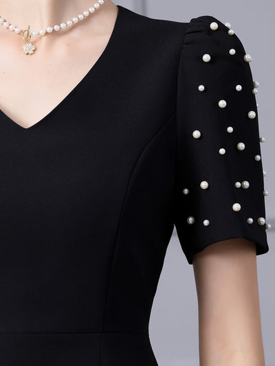 Black V-neck Pearls Mother Of The Bride Dress