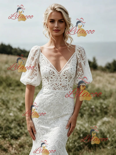 White Mermaid V-neck Puff Sleeve Wedding Dress