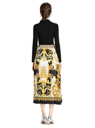 Retro Square Neck Top+Printed Pleated Skirt Suit