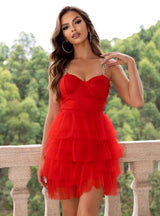 Red Tulle Straps Tulle Short Dress