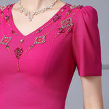 Fuchsia V-neck Split Mother Of the Brides Dress