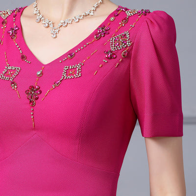 Fuchsia V-neck Split Mother Of the Brides Dress