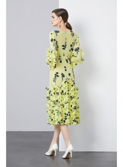 Heavy Industry Wood Ear Print Waist Pleats Dress